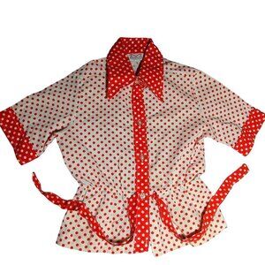 Vintage 1970's Maverick Red & White Polka Dot Girls 10 Blouse With Belted Waist